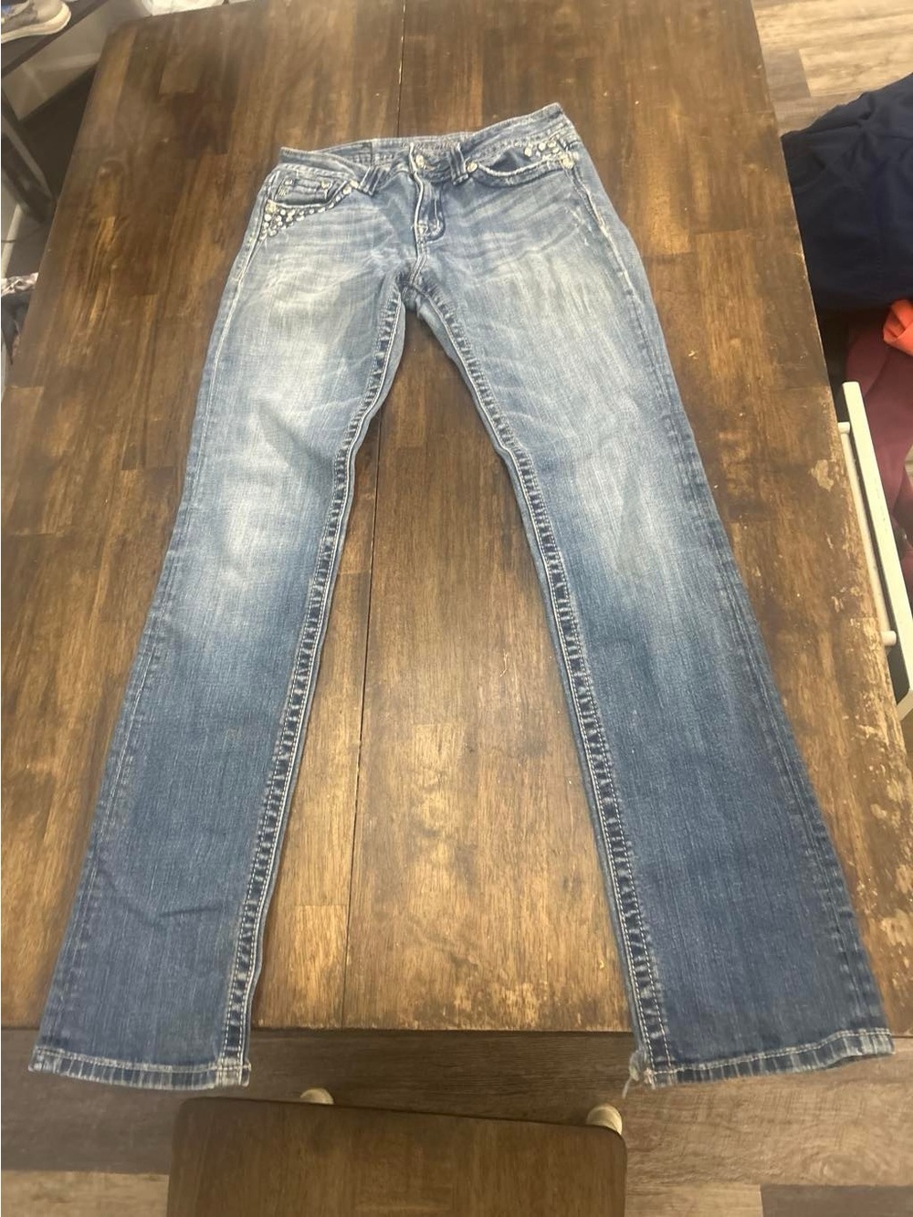 Miss Me Medium Blue Straight Leg Jeans with Embellished Pockets